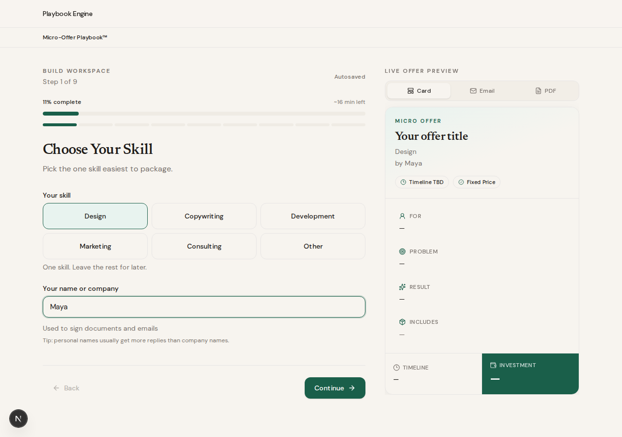Maya picks Design — skill grid and progress bar